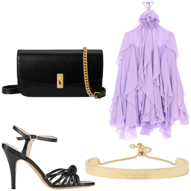 Outfit donna - Volant Imperial. Stile Trendy per Serata fuori. Abbinamento con sandali in pelle, vestiti corti, clutch, braccialetti.