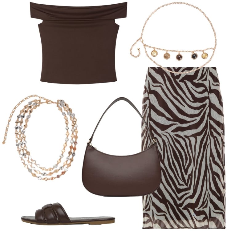Outfit donna - Total look #2435591. Stile Chic per Serata fuori. Abbinamento con gonne lunghe, cinture, top, borse a tracolla, ciabatte, collane.