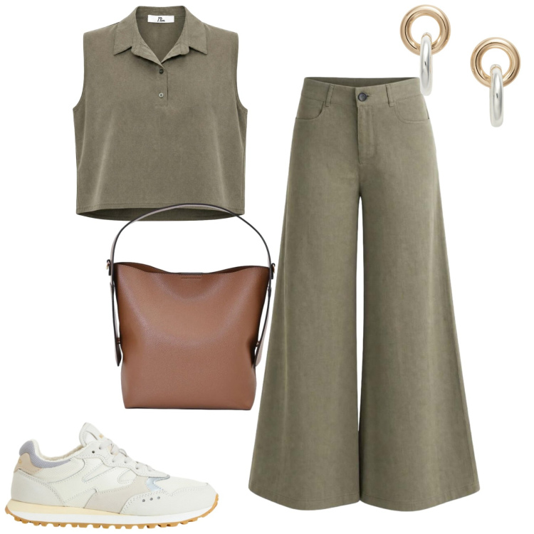 Outfit donna - Luglio sporty. Stile Casual chic per Tutti i giorni. Abbinamento con pantaloni a palazzo, top, sneakers, orecchini, borse a mano.