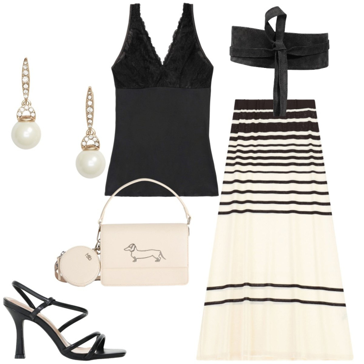 Outfit donna - Total look #2435593. Stile Chic per Serata fuori. Abbinamento con top, cinture, borse a tracolla, orecchini, gonne lunghe, sandali col tacco.