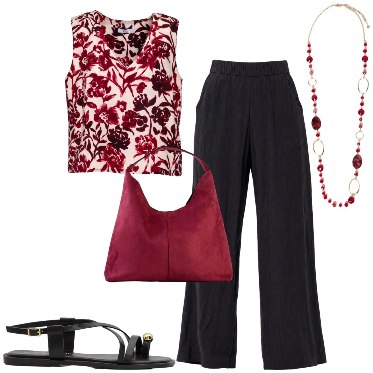 Outfit donna - Luglio. Stile Casual chic per Tutti i giorni. Abbinamento con borse a spalla, sandali, canottiere, pantaloni a palazzo, collane.