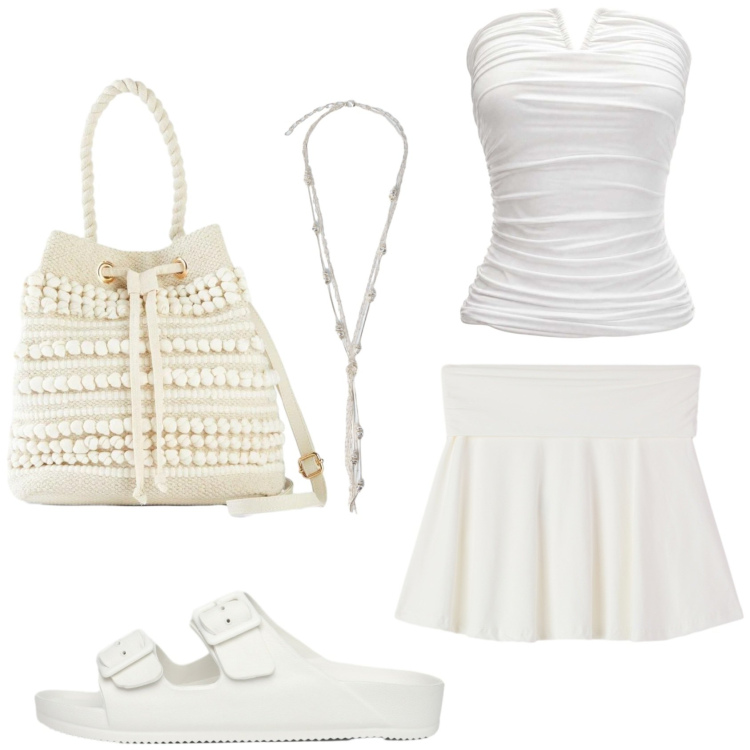 Outfit donna - Il bianco: must dell\'estate. Stile Casual per Tutti i giorni. Abbinamento con borse a secchiello, ciabatte, minigonne, top, collane.