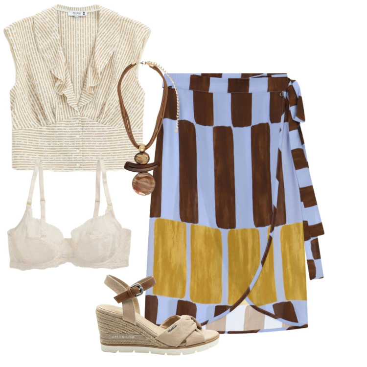 Outfit donna - Bagni di colore. Stile Boho per Tutti i giorni. Abbinamento con sandali col tacco, camicie, gonne longuette, ciondoli, reggiseni.