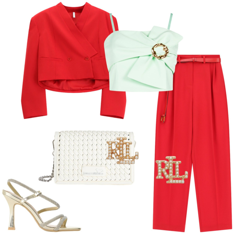 Outfit donna - Semplicemente rosso. Stile Casual chic per Serata fuori. Abbinamento con borse a tracolla, orecchini, top, pantaloni a palazzo, sandali col tacco, blazer.