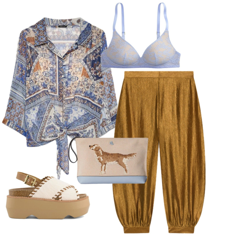 Outfit donna - Oro e maioliche. Stile Casual per Serata fuori. Abbinamento con bluse, pantaloni, reggiseni, pochette, zeppe.