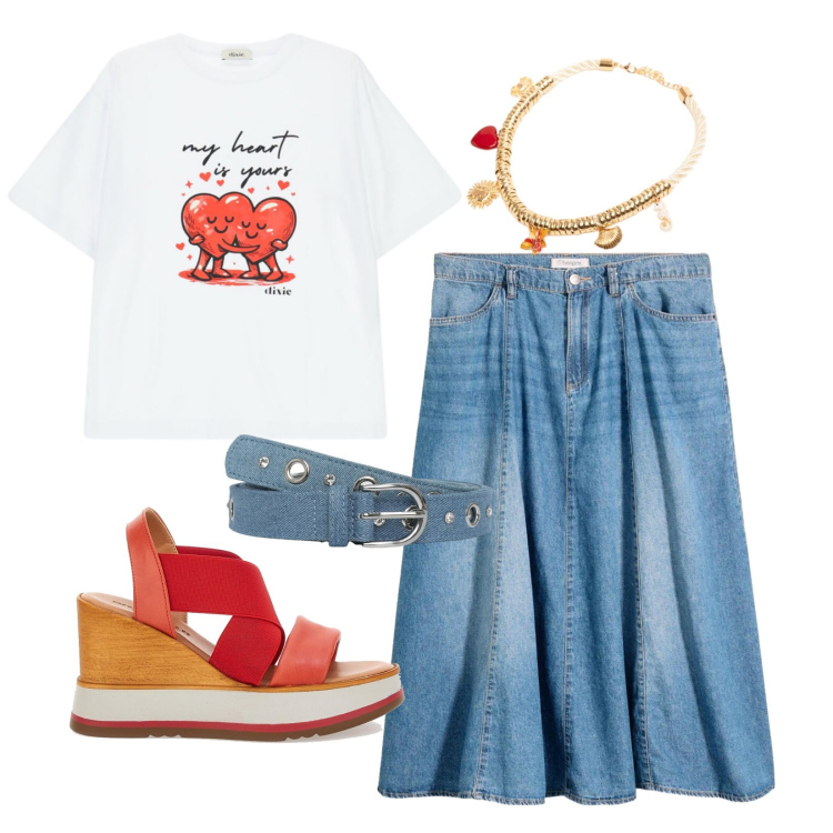 Outfit donna - Pop color. Stile Casual per Tutti i giorni. Abbinamento con gonne, cinture, t-shirt, collane, sandali.