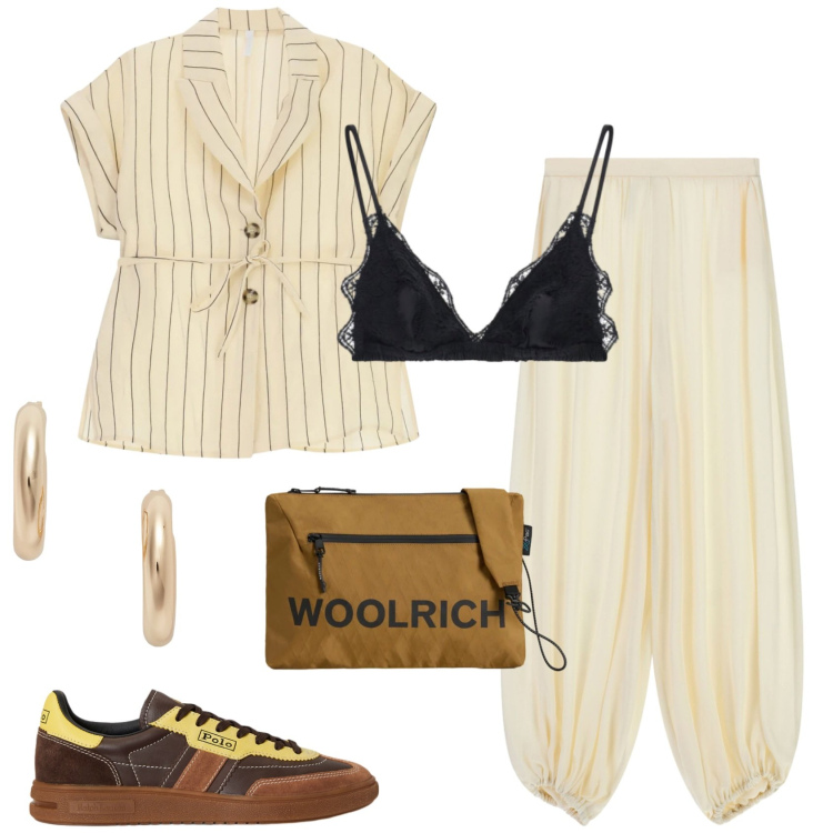 Outfit donna - Glamour in luglio. Stile Glamour per Tutti i giorni. Abbinamento con pantaloni a palazzo, reggiseni, blazer, sneakers, orecchini, borse a tracolla.