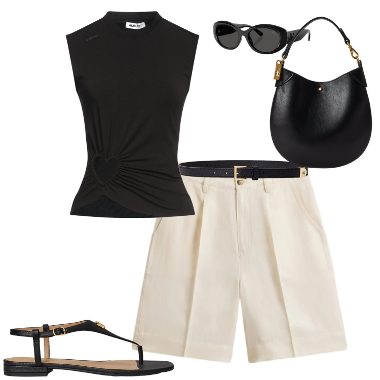 Outfit donna - Luglio. Stile Casual chic per Tutti i giorni. Abbinamento con top, occhiali da sole, cinture, pochette, sandali in pelle, pantaloni corti.