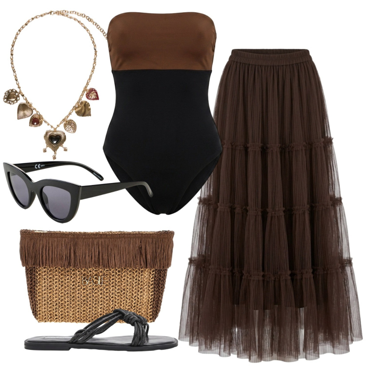 Outfit donna - Vita da crociera. Stile Boho per Mare. Abbinamento con occhiali da sole, collane, costumi interi, gonne lunghe, sandali, pochette.