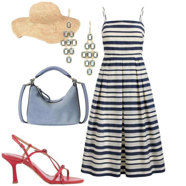 Outfit donna - Party time. Stile Chic per Serata fuori. Abbinamento con sandali in pelle, cappelli, vestiti, borse a spalla, orecchini.