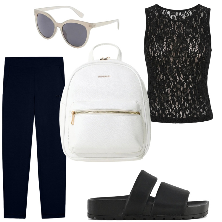 Outfit donna - Top in pizzo. Stile Chic per Tutti i giorni. Abbinamento con occhiali da sole, top, pantaloni, zaini, ciabatte.