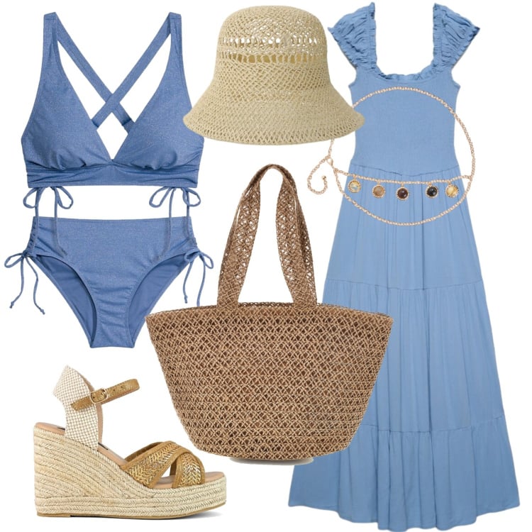 Outfit donna - Vita da villaggio. Stile Boho per Mare. Abbinamento con bikini, vestiti lunghi, cinture, cappelli, zeppe, borse tote.
