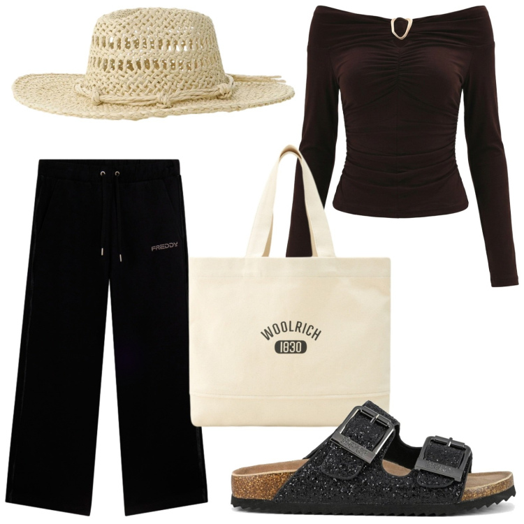 Outfit donna - Passeggiata estiva. Stile Casual per Tutti i giorni. Abbinamento con cappelli, pantaloni, bluse, borse tote, sandali.