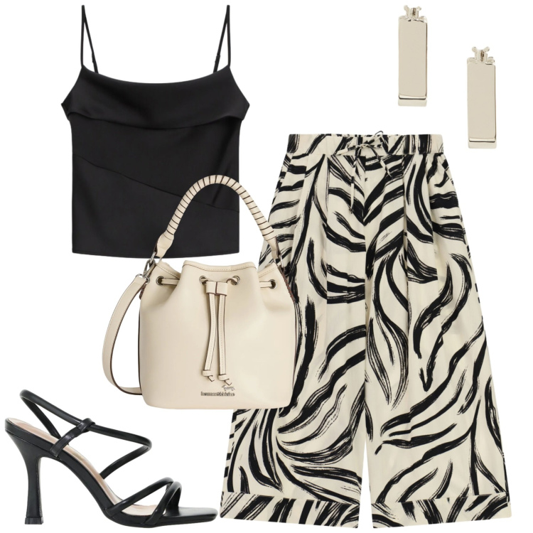 Outfit donna - Luglio. Stile Casual chic per Tutti i giorni. Abbinamento con borse a secchiello, orecchini, pantaloni a palazzo, canottiere, sandali col tacco.
