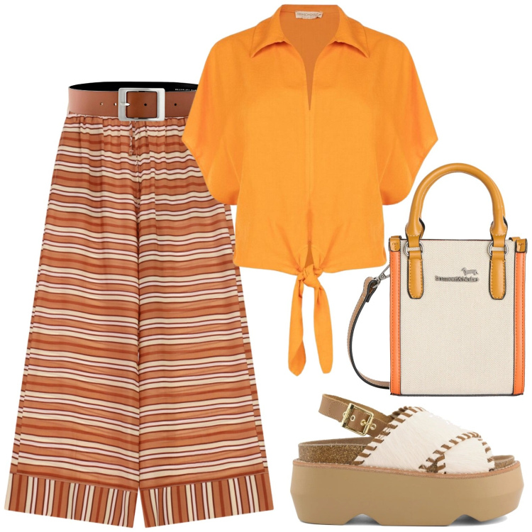 Outfit donna - Orange. Stile Casual per Tutti i giorni. Abbinamento con cinture, borse tote, pantaloni a palazzo, camicie a manica corta, zeppe.