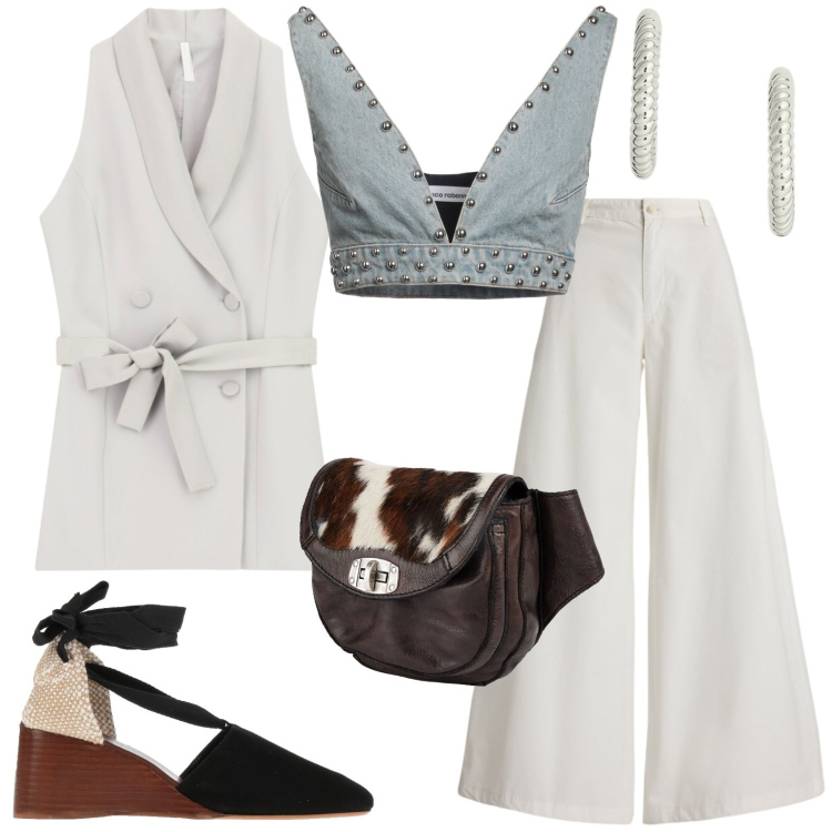 Outfit donna - Casual chic. Stile Casual chic per Tutti i giorni. Abbinamento con marsupi, décolleté, top, gilet, orecchini, pantaloni.