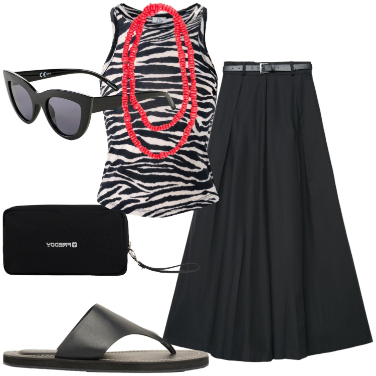 Outfit donna - Tigrata. Stile Casual per Tutti i giorni. Abbinamento con occhiali da sole, infradito, canottiere, pantaloni, valigie, collane.