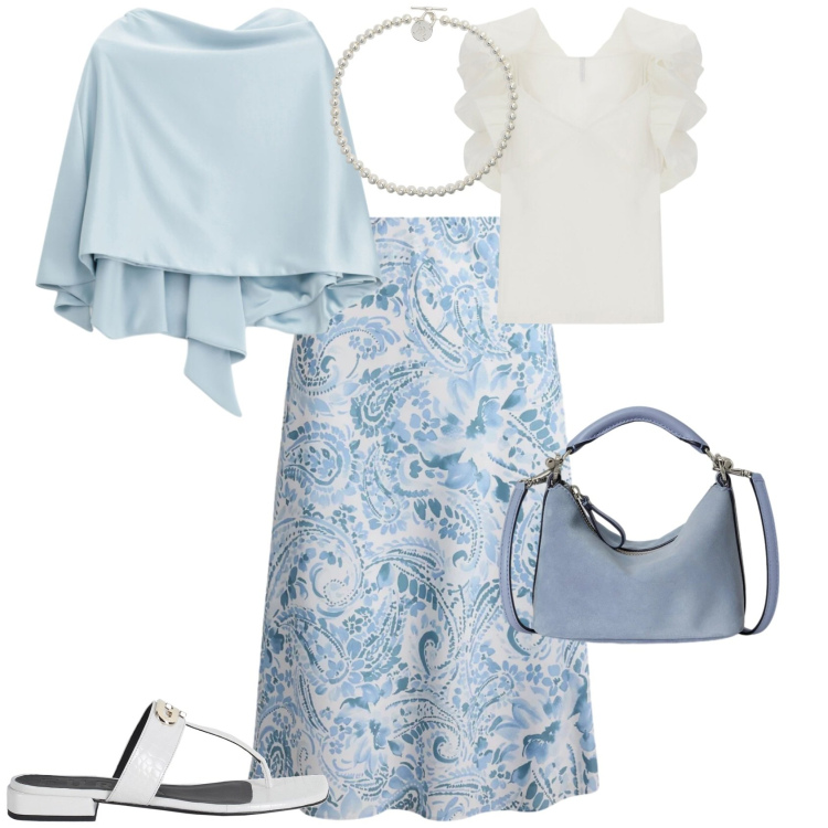 Outfit donna - Romantica serata estiva. Stile Romantica per Serata fuori. Abbinamento con ciabatte, top, scialli, collane, borse a spalla, gonne.