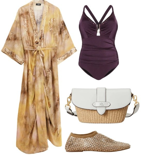 Outfit donna - Total look #2435621. Stile Etnico per Mare. Abbinamento con vestiti lunghi, ballerine, costumi interi, borse a spalla, collane.