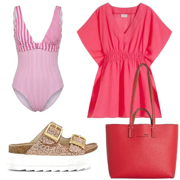 Outfit donna - Total look #2435622. Stile Glamour per Mare. Abbinamento con vestiti da spiaggia, costumi interi, shopping bag, sandali.