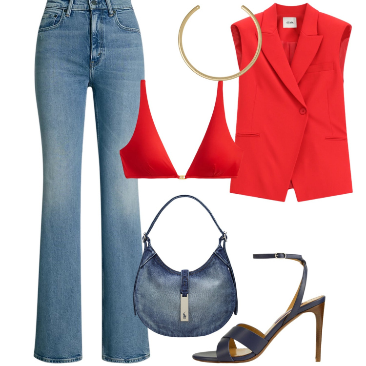 Outfit donna - Rosso come l\'amore. Stile Glamour per Serata fuori. Abbinamento con bikini, jeans bootcut, sandali col tacco, borse a spalla, collane, gilet.