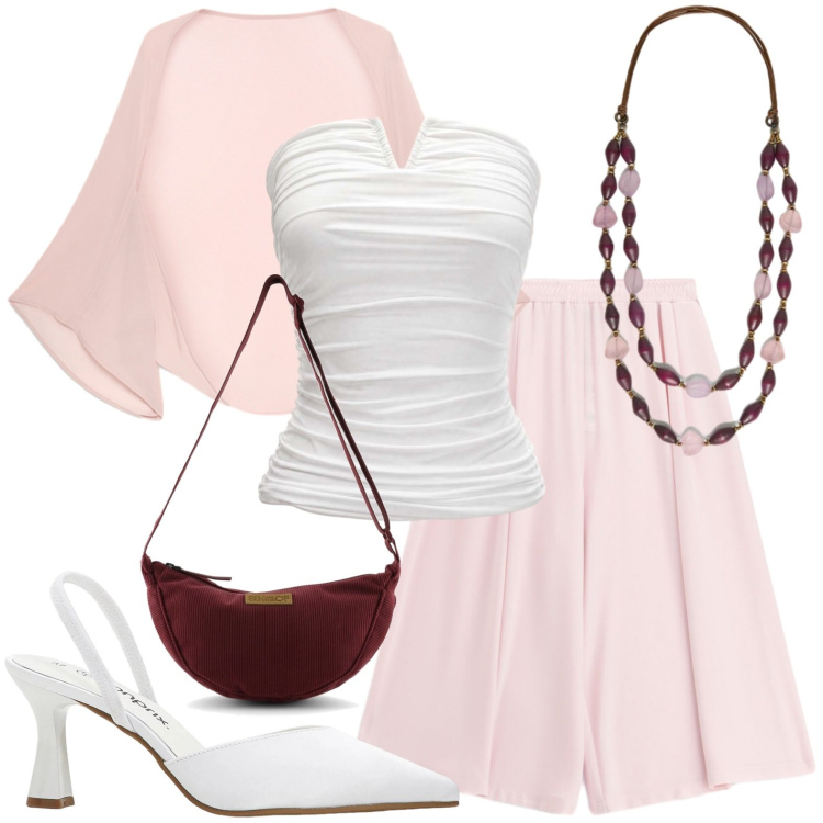 Outfit donna - Estate chic. Stile Casual per Tutti i giorni. Abbinamento con décolleté, top, collane, blazer, pantaloni a palazzo, borse a tracolla.