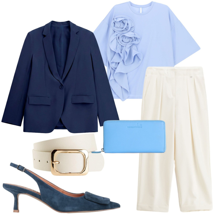 Outfit donna - Rouches romantiche. Stile Chic per Ufficio. Abbinamento con décolleté, cinture, portafogli, pantaloni, t-shirt, blazer.