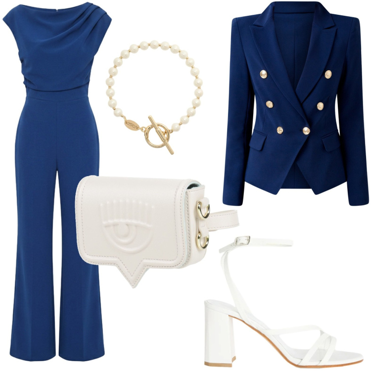 Outfit donna - Blu royal. Stile Casual per Serata fuori. Abbinamento con marsupi, sandali in pelle, braccialetti, blazer, tute.