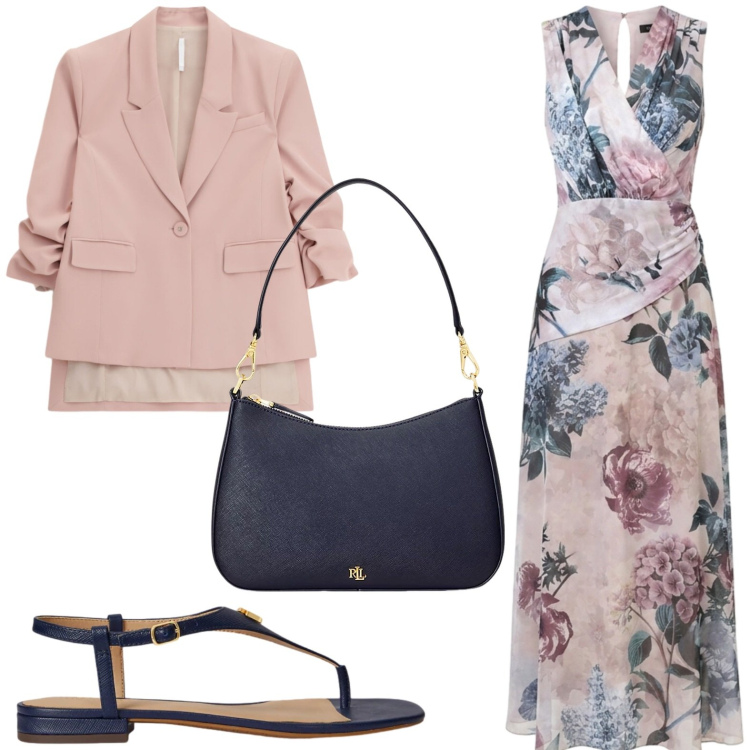 Outfit donna - Fantasie floreali. Stile Casual per Serata fuori. Abbinamento con vestiti lunghi, blazer, borse a spalla, sandali in pelle.