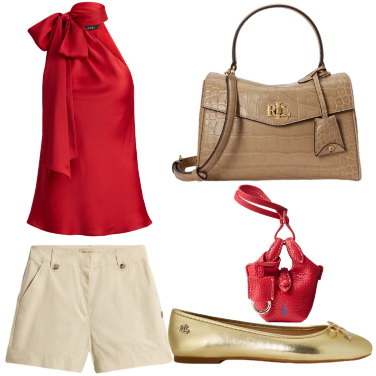 Outfit donna - Ballerine gold. Stile Chic per Tutti i giorni. Abbinamento con portachiavi, borse a mano, ballerine, top, pantaloni corti.
