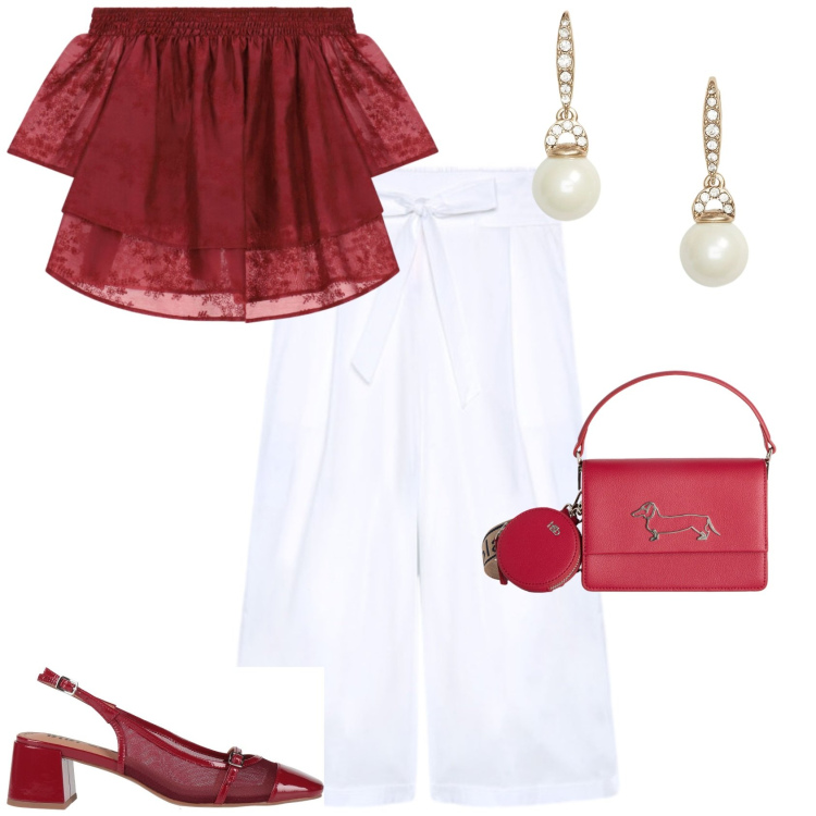 Outfit donna - Romantica chic serata evento. Stile Romantica per Serata fuori. Abbinamento con décolleté, borse a tracolla, pantaloni, orecchini, bluse.