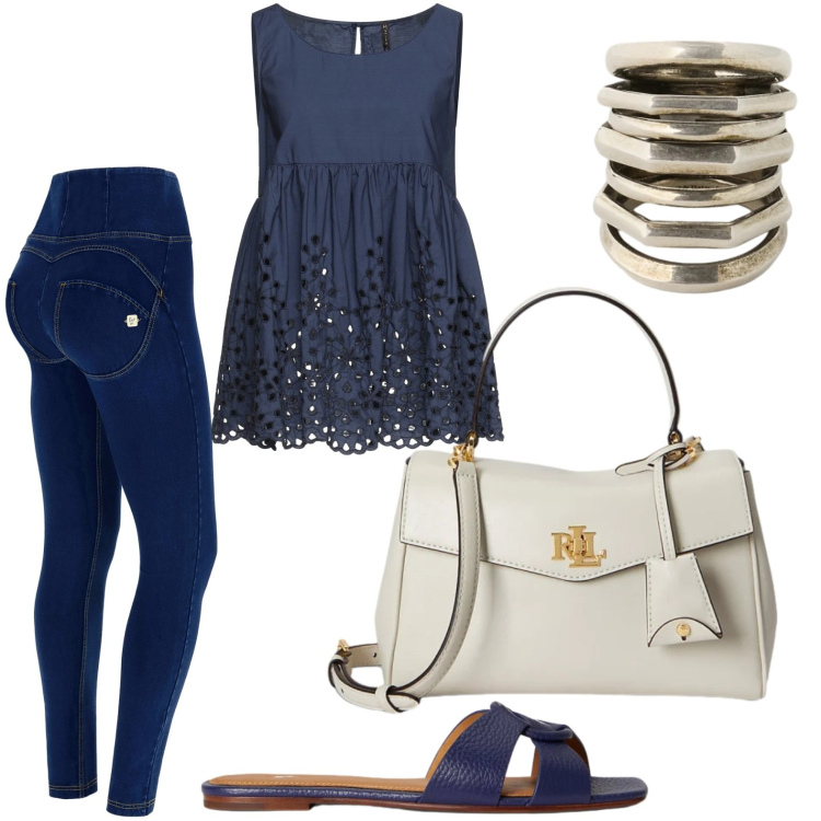 Outfit donna - Blu essenziale. Stile Casual per Tutti i giorni. Abbinamento con top, jeggings, borse a mano, anelli, sandali in pelle.