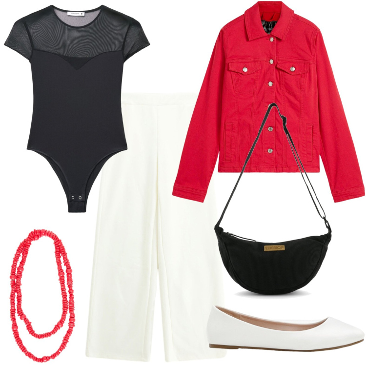 Outfit donna - La collana che accende il look. Stile Casual per Ufficio. Abbinamento con blazer, ballerine, top, collane, pantaloni a palazzo, borse a tracolla.