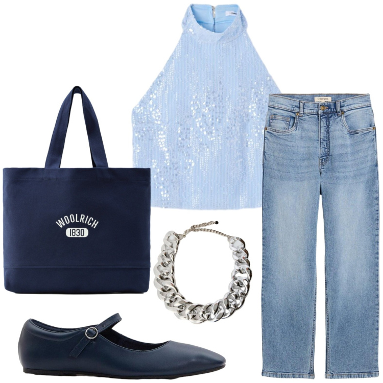 Outfit donna - Riflessi al top. Stile Casual per Tutti i giorni. Abbinamento con ballerine, jeans, top, collane, borse tote.