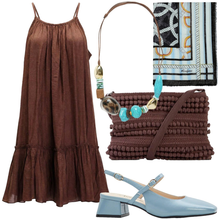 Outfit donna - Un tocco di romanticismo. Stile Glamour per Serata fuori. Abbinamento con borse a tracolla, décolleté, vestiti corti, collane, foulard.