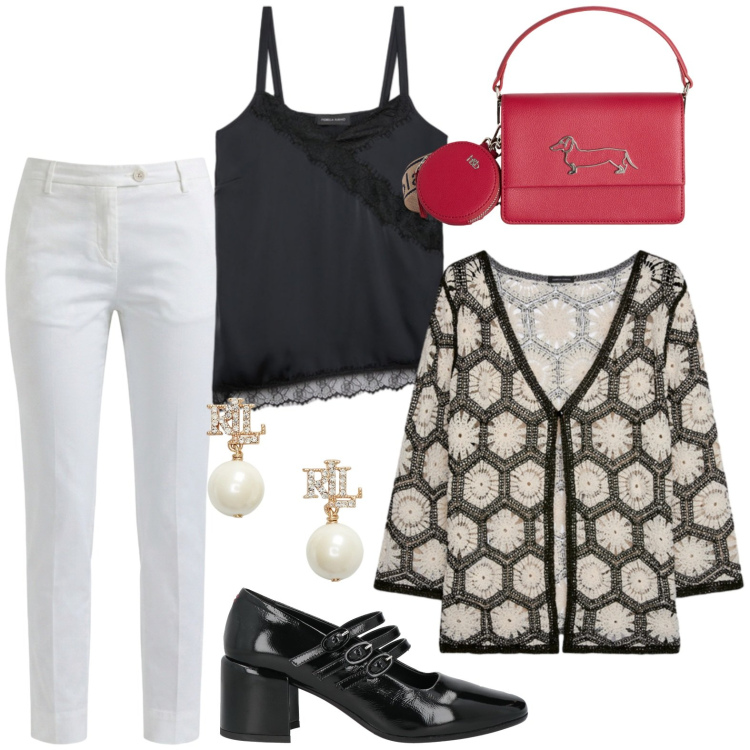Outfit donna - Cardigan in crochet. Stile Casual chic per Tutti i giorni. Abbinamento con décolleté, pantaloni, borse a tracolla, cardigans, top, orecchini.