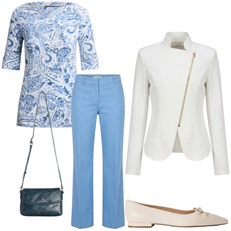 Outfit donna - Silhouette luminosa. Stile Romantica per Tutti i giorni. Abbinamento con borse a tracolla, pantaloni, t-shirt, ballerine, blazer.