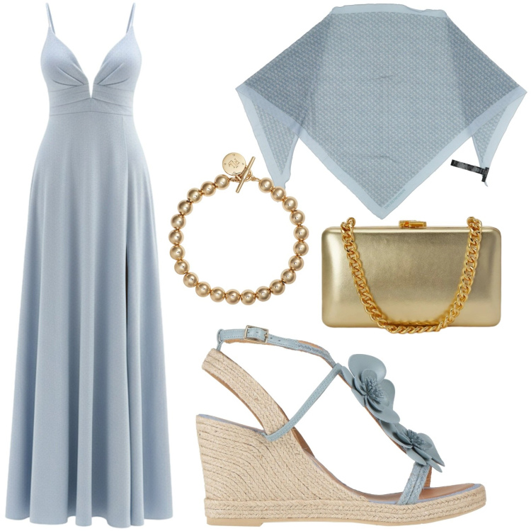 Outfit donna - Eleganza eterea. Stile Chic per Cerimonia. Abbinamento con espadrillas, stole, vestiti lunghi, braccialetti, clutch.