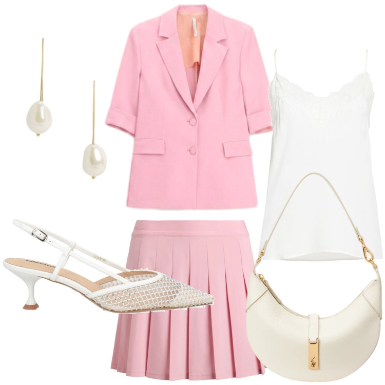Outfit donna - Palette monocromatica. Stile Bon Ton per Ufficio. Abbinamento con top, décolleté, blazer, borse a spalla, orecchini, minigonne.