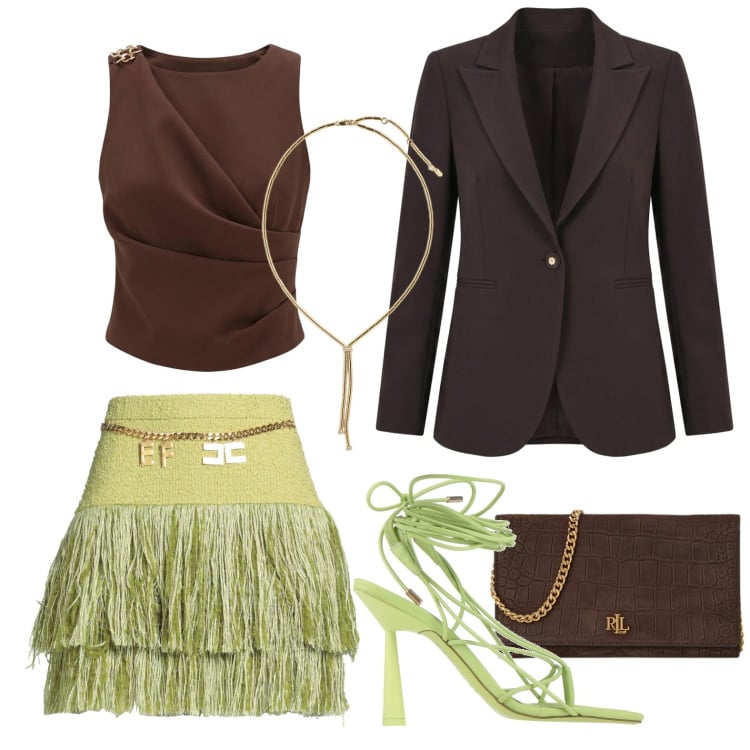 Outfit donna - Look distintivo. Stile Chic per Serata fuori. Abbinamento con ciabatte, minigonne, collane, borse a tracolla, canottiere, blazer.