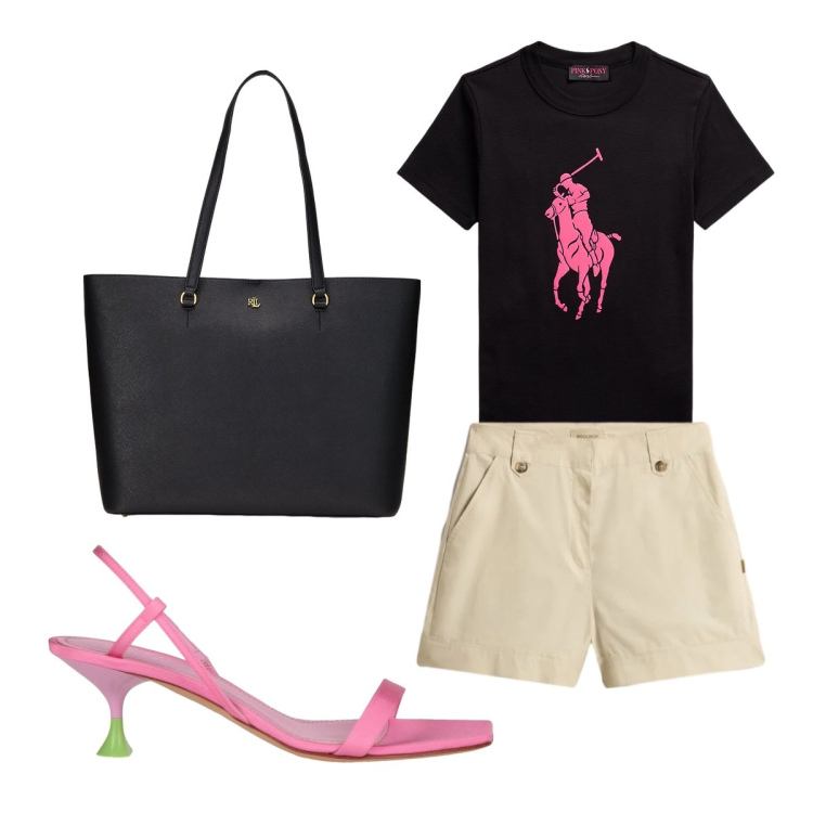 Outfit donna - Sandali in pelle per lo shopping. Stile Urban per Tutti i giorni. Abbinamento con sandali in pelle, borse tote, t-shirt, pantaloni corti.
