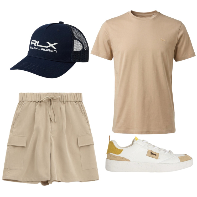Outfit uomo - Toni naturali stile safari. Stile Urban per Tutti i giorni. Abbinamento con sneakers, t-shirt, cappelli con visiera, bermuda.