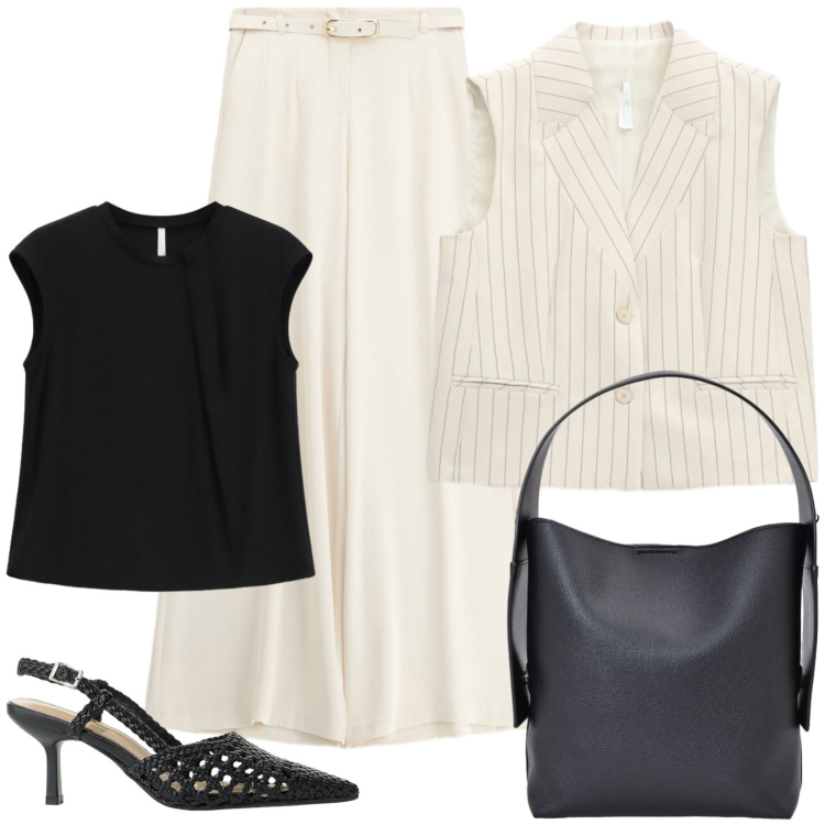 Outfit donna - Ufficio e cena con le colleghe. Stile Casual chic per Ufficio. Abbinamento con borse a spalla, pantaloni a palazzo, top, décolleté, gilet.
