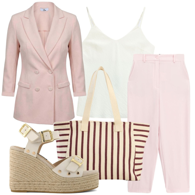 Outfit donna - Borsa creativa. Stile Casual per Ufficio. Abbinamento con shopping bag, blazer, pantaloni, canottiere, zeppe.