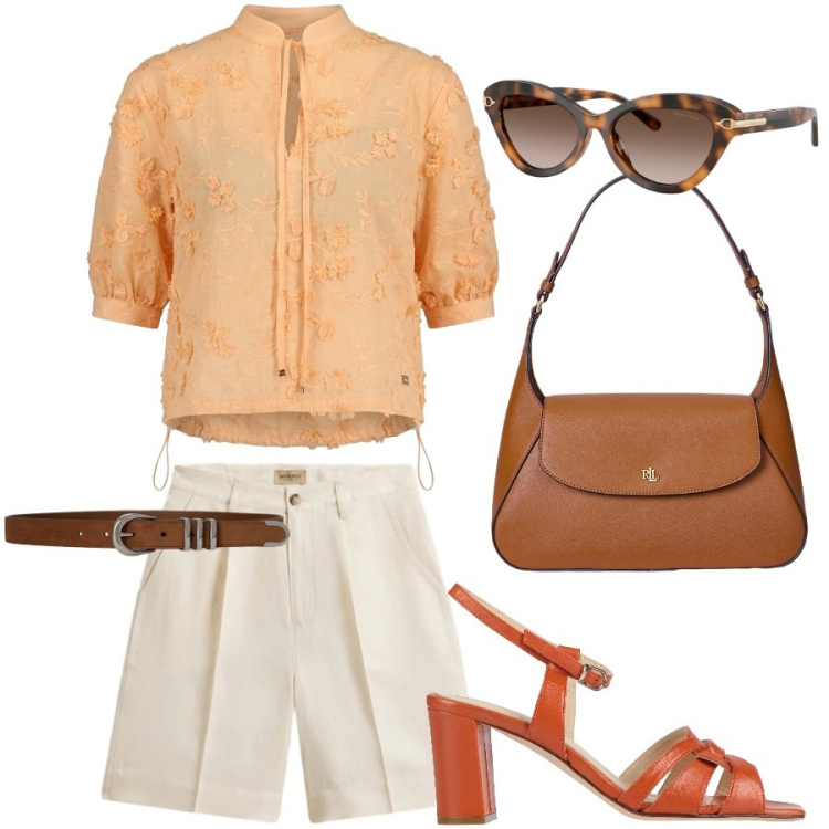 Outfit donna - Urban style. Stile Chic per Tutti i giorni. Abbinamento con sandali in pelle, bluse, pantaloni corti, borse a spalla, occhiali da sole, cinture.