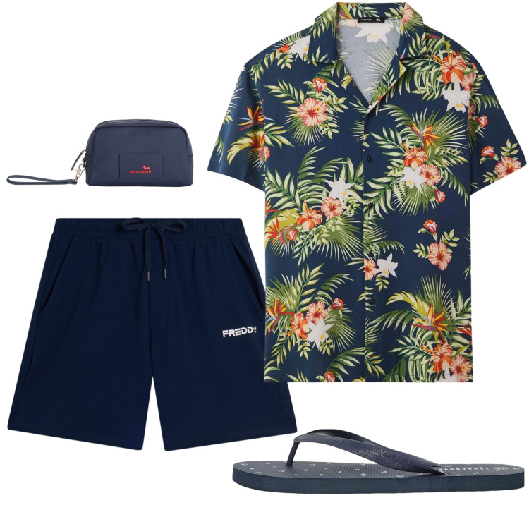 Outfit uomo - Allegro tocco esotico. Stile Casual per Mare. Abbinamento con borse sportive, camicie a manica corta, sandali, pantaloni corti.