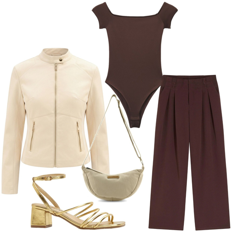 Outfit donna - Colori di tendenza. Stile Chic per Serata fuori. Abbinamento con sandali col tacco, pantaloni, top, blazer, borse a tracolla.