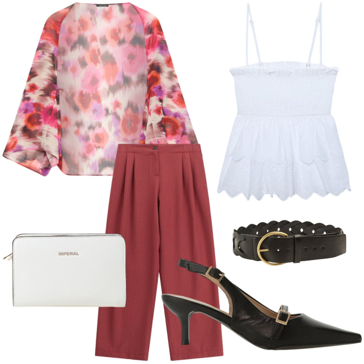 Outfit donna - Coprispalle fiorato. Stile Chic per Serata fuori. Abbinamento con canottiere, cinture, blazer, pantaloni a palazzo, sandali col tacco, borse a tracolla.