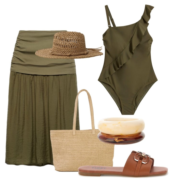 Outfit donna - Il costume con volant. Stile Glamour per Mare. Abbinamento con shopping bag, costumi interi, gonne longuette, braccialetti, cappelli, ciabatte.