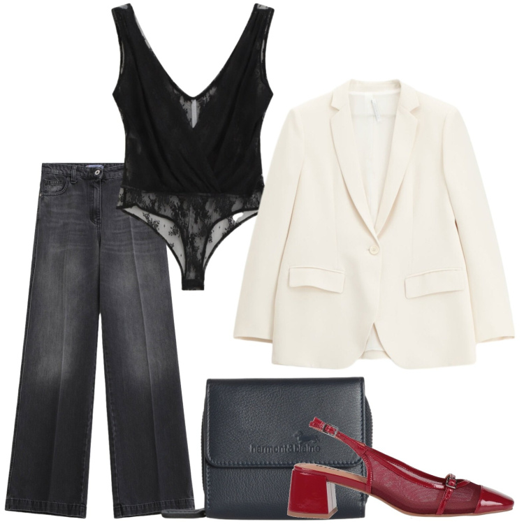 Outfit donna - Body must have. Stile Chic per Serata fuori. Abbinamento con décolleté, portafogli, jeans, blazer, top.
